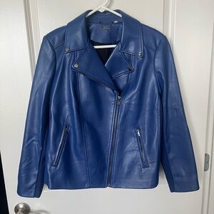 Chico’s blue faux leather moto jacket